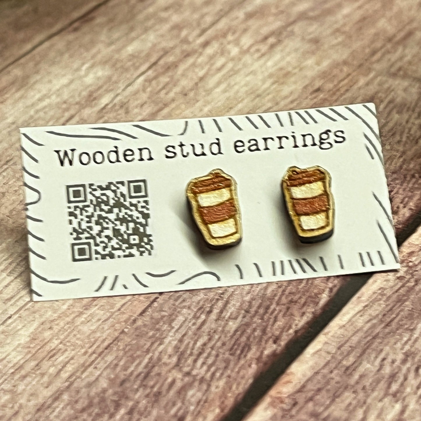 Hand Painted Wooden Coffee Cup Stud Earrings — Mini To-Go Cup — Handmade Gift for Coffee Lovers