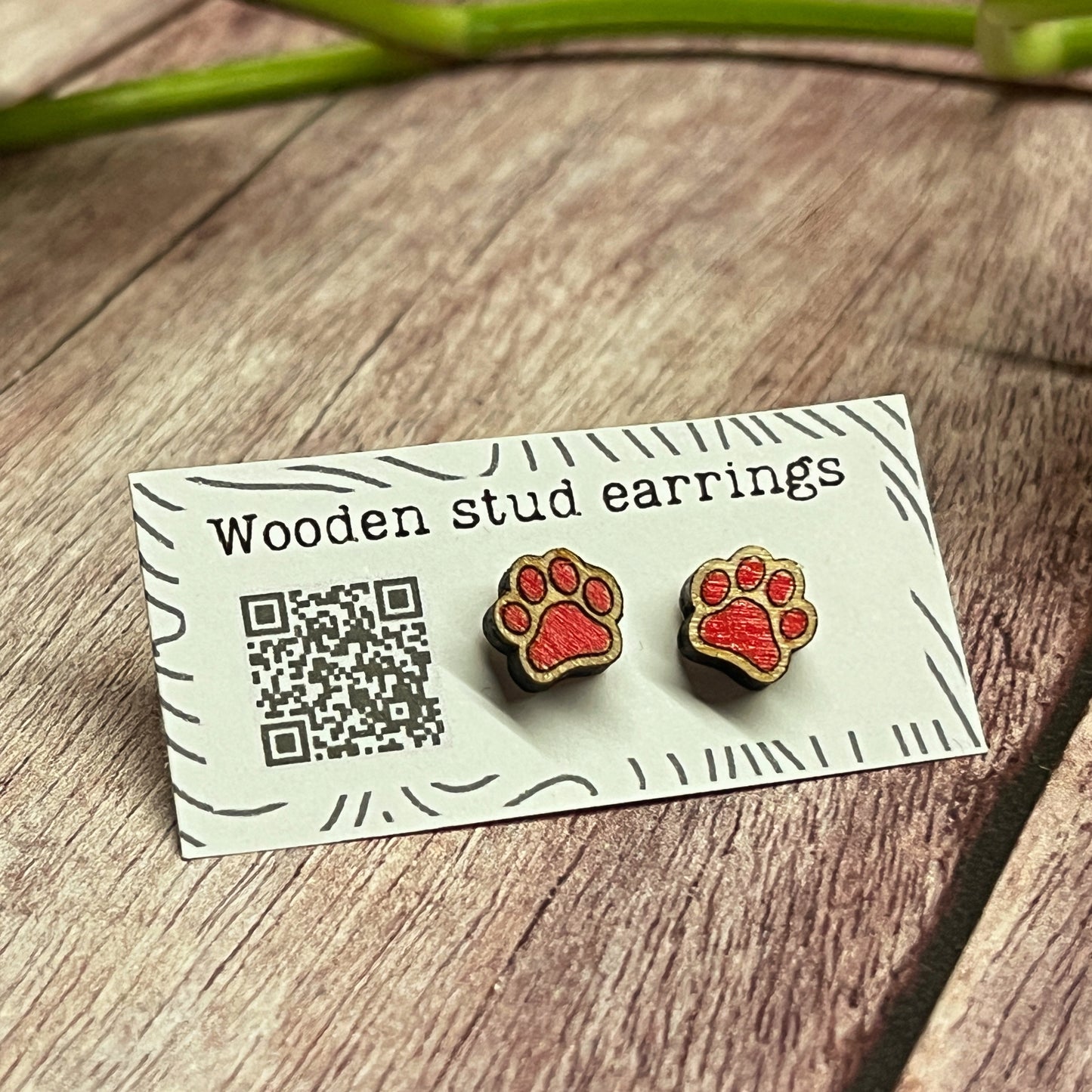 Hand Painted Wooden Tiny Paw Print Stud Earrings — Animal Lover Jewellery — Handmade Pet Lover Gift