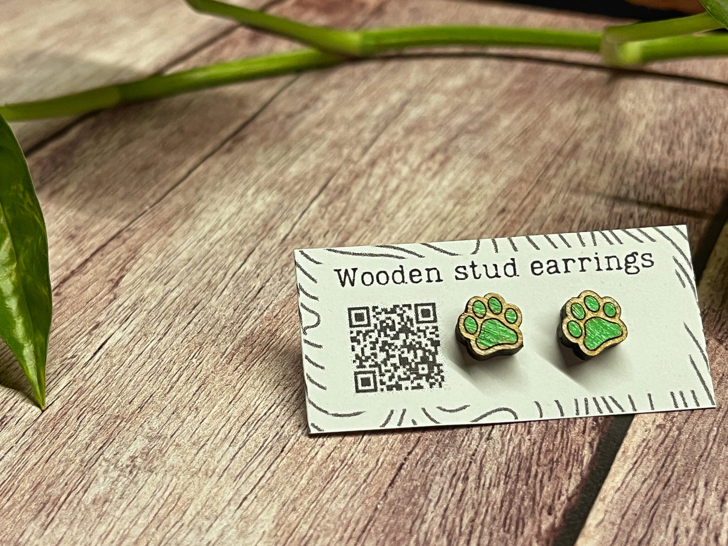 Hand Painted Wooden Tiny Paw Print Stud Earrings — Animal Lover Jewellery — Handmade Pet Lover Gift