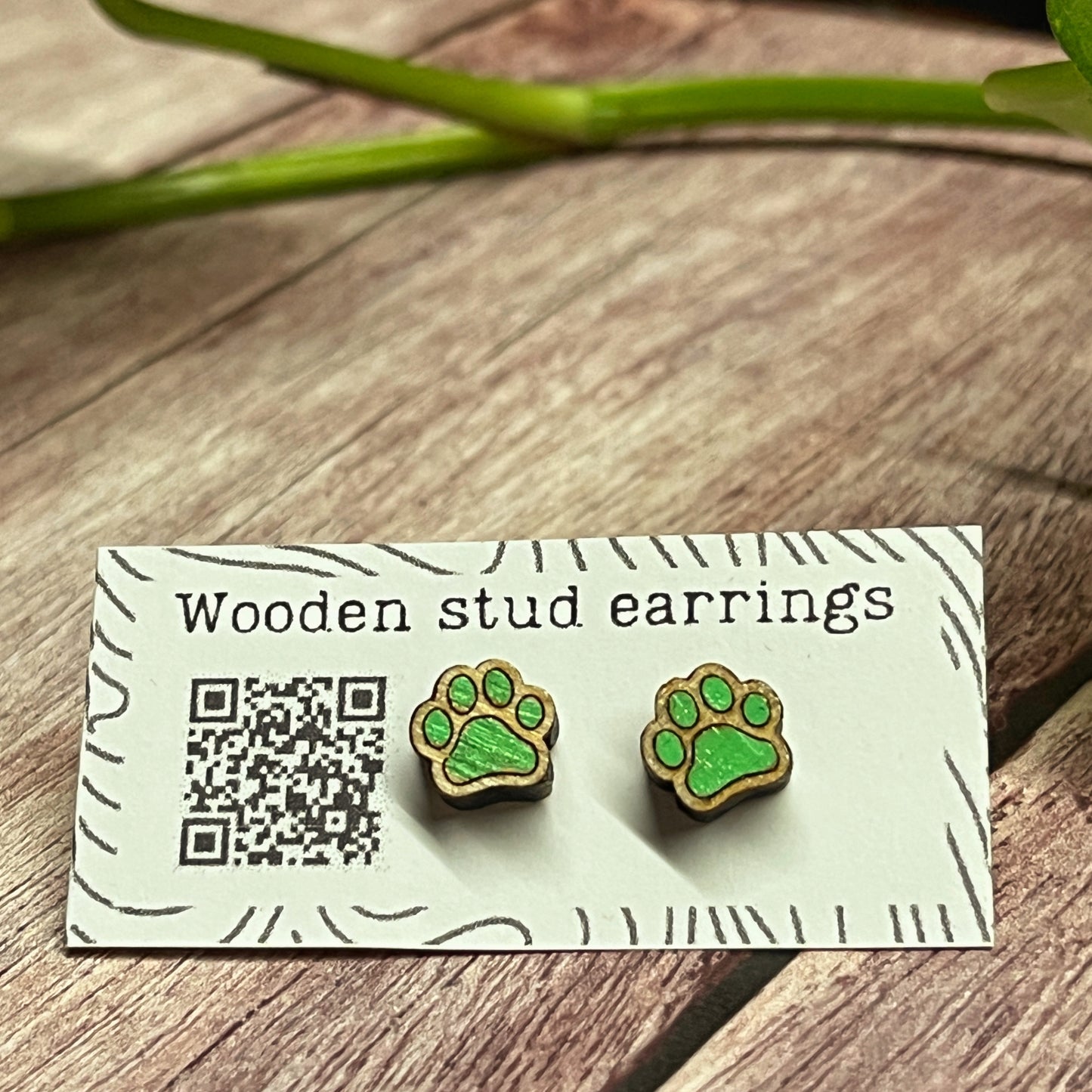 Hand Painted Wooden Tiny Paw Print Stud Earrings — Animal Lover Jewellery — Handmade Pet Lover Gift