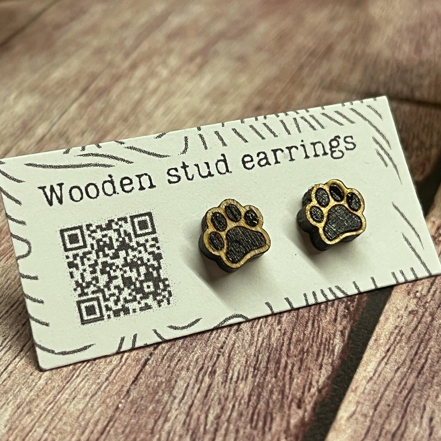 Hand Painted Wooden Tiny Paw Print Stud Earrings — Animal Lover Jewellery — Handmade Pet Lover Gift