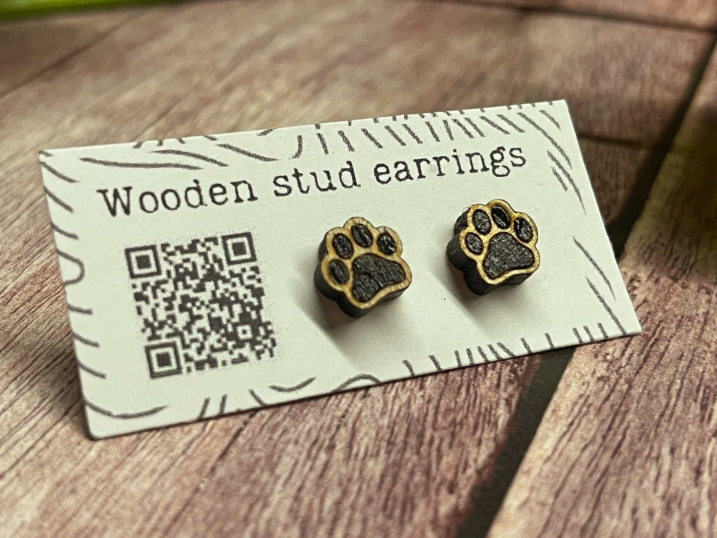 Hand Painted Wooden Tiny Paw Print Stud Earrings — Animal Lover Jewellery — Handmade Pet Lover Gift