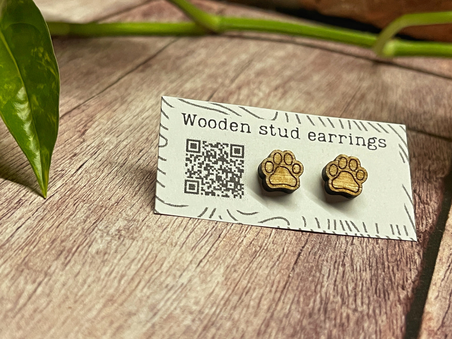 Hand Painted Wooden Tiny Paw Print Stud Earrings — Animal Lover Jewellery — Handmade Pet Lover Gift