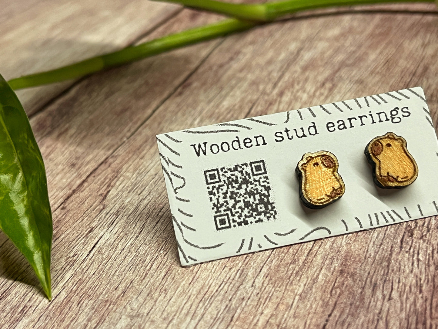 Hand Painted Wooden Stud Earrings — Capybara — Lightweight Hypoallergenic Gift