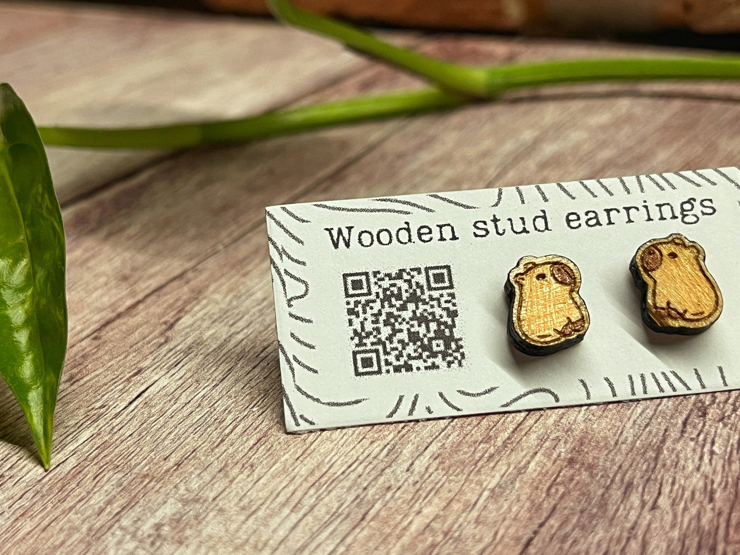 Hand Painted Wooden Stud Earrings — Capybara — Lightweight Hypoallergenic Gift