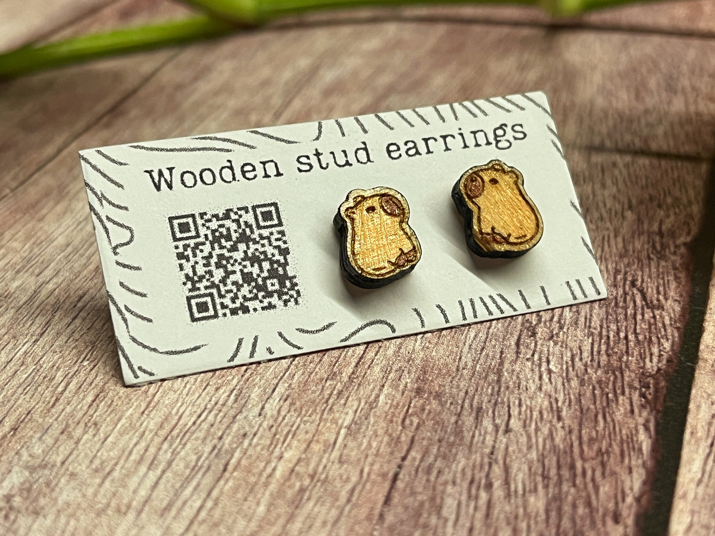 Hand Painted Wooden Stud Earrings — Capybara — Lightweight Hypoallergenic Gift