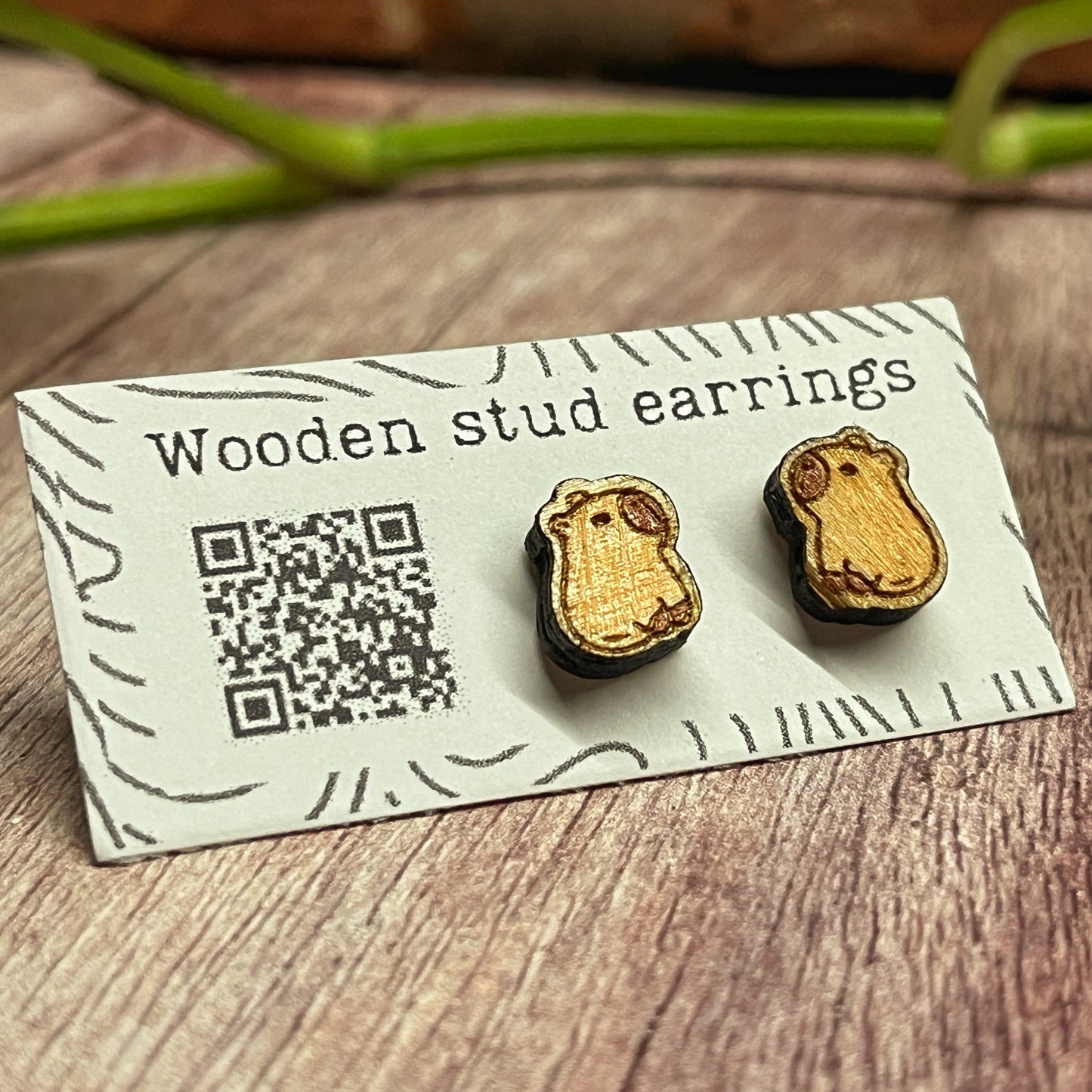 Hand Painted Wooden Stud Earrings — Capybara — Lightweight Hypoallergenic Gift
