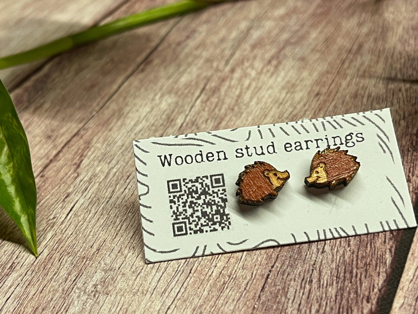 Wooden Hedgehog Earrings — Hand Painted Stud Earrings for Animal Lovers