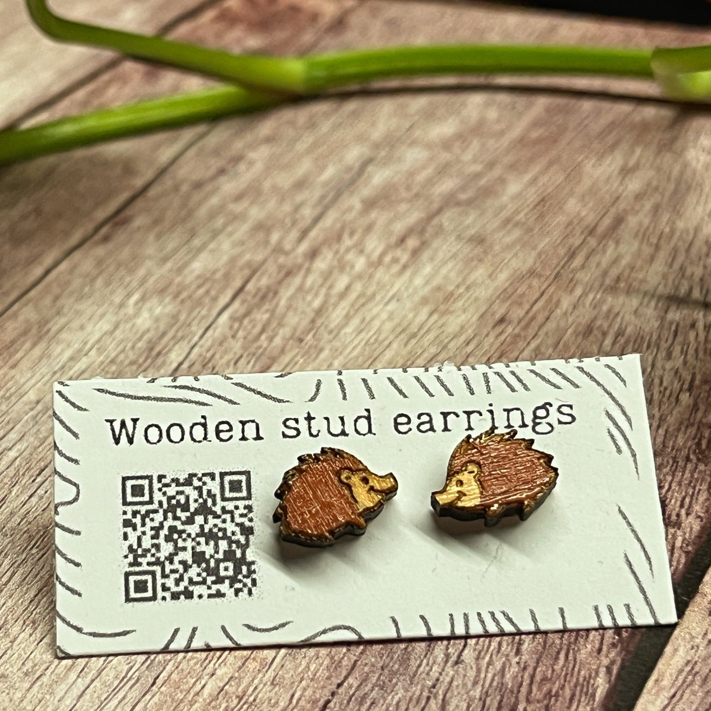 Wooden Hedgehog Earrings — Hand Painted Stud Earrings for Animal Lovers