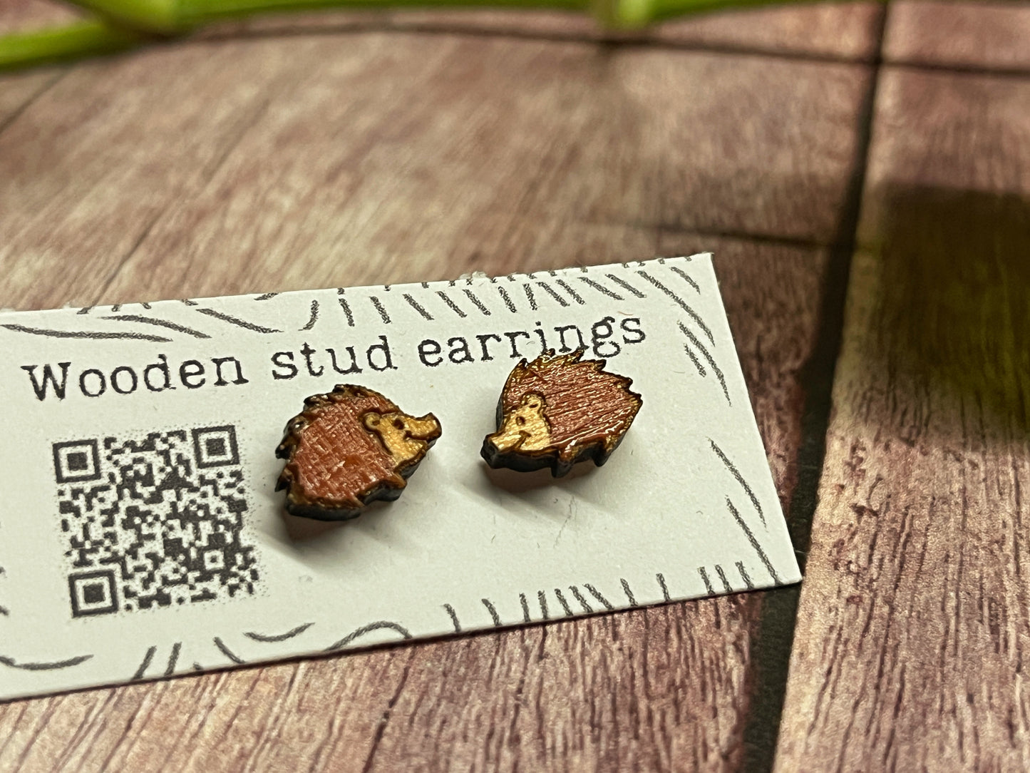 Wooden Hedgehog Earrings — Hand Painted Stud Earrings for Animal Lovers