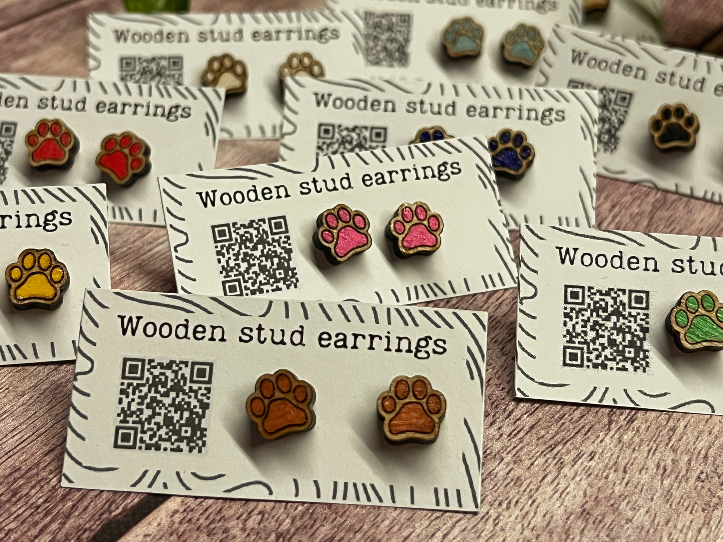 Hand Painted Wooden Tiny Paw Print Stud Earrings — Animal Lover Jewellery — Handmade Pet Lover Gift