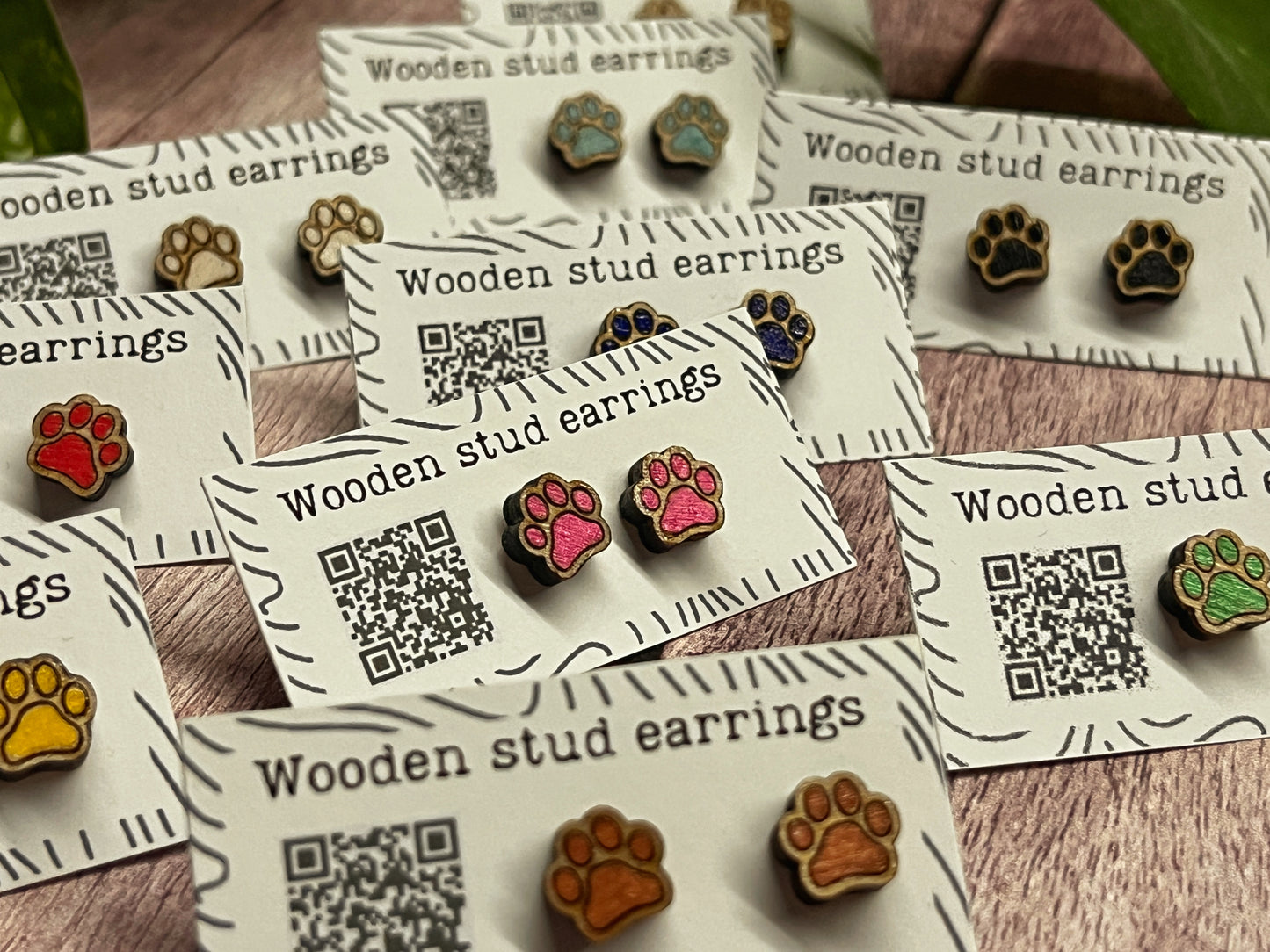 Hand Painted Wooden Tiny Paw Print Stud Earrings — Animal Lover Jewellery — Handmade Pet Lover Gift