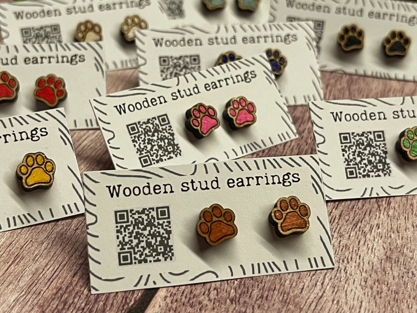 Hand Painted Wooden Tiny Paw Print Stud Earrings — Animal Lover Jewellery — Handmade Pet Lover Gift