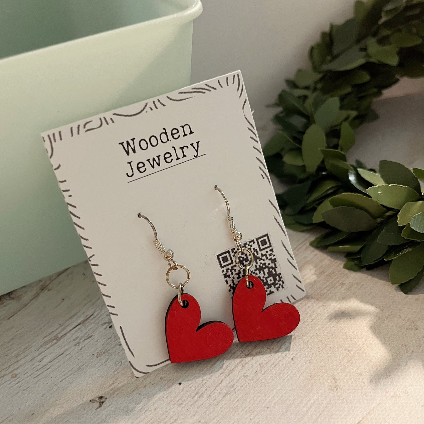 Red Heart Dangle Earrings – Hand Painted Wood Earrings – Valentine Gift Idea – Cute Lightweight Jewelry for Her