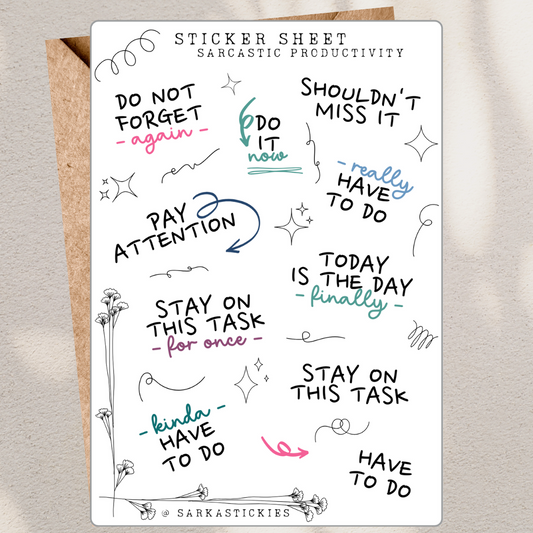 Sarcastic productivity sticker sheet - style 1