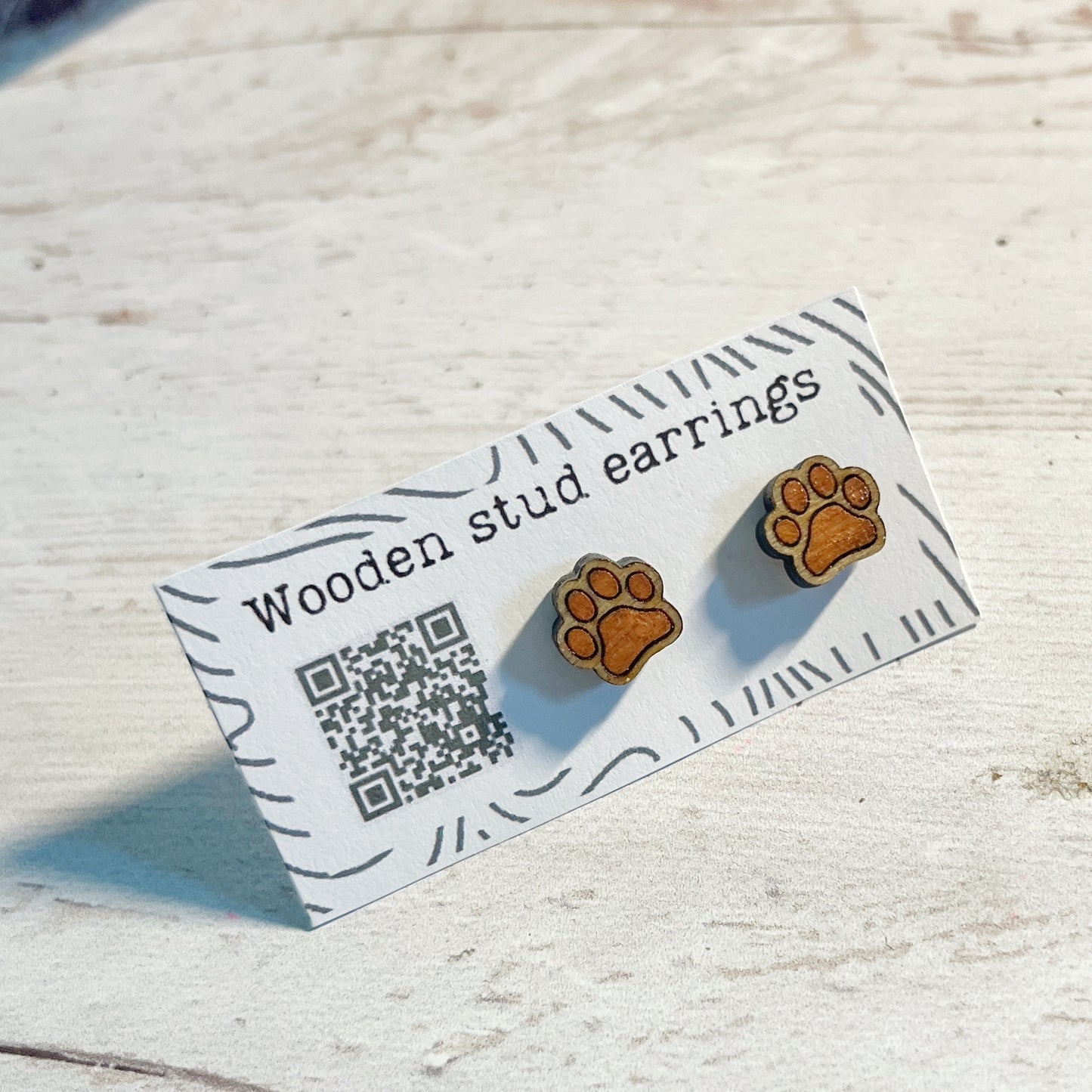 Hand Painted Wooden Tiny Paw Print Stud Earrings — Animal Lover Jewellery — Handmade Pet Lover Gift