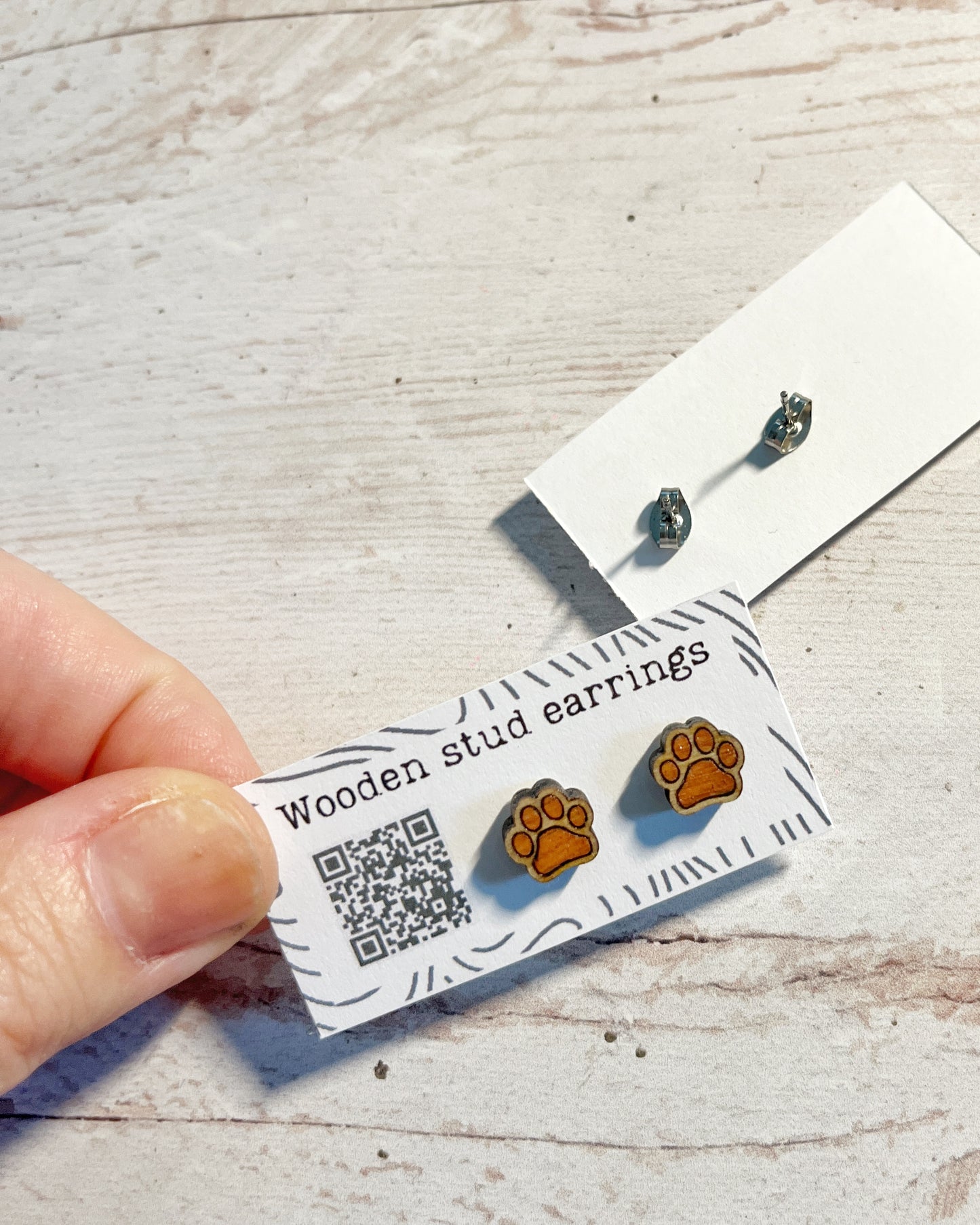 Hand Painted Wooden Tiny Paw Print Stud Earrings — Animal Lover Jewellery — Handmade Pet Lover Gift